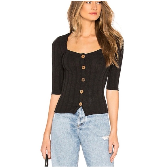 Free People Tops - Free People Black Ribbed Button Front Top XS Scoop Neck 3/4 Sleeve
